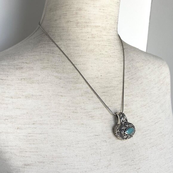 Sterling Silver 925 Chunky Bali Style Scrollwork Turquoise Pendant Necklace 18" - Picture 15 of 16